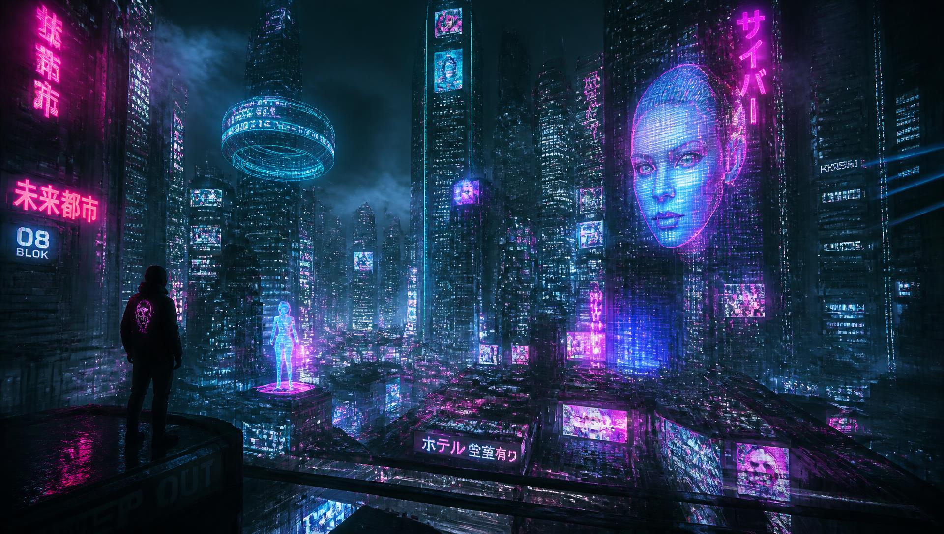 Neon Miami skyline at dusk with palm trees and a chrome sun